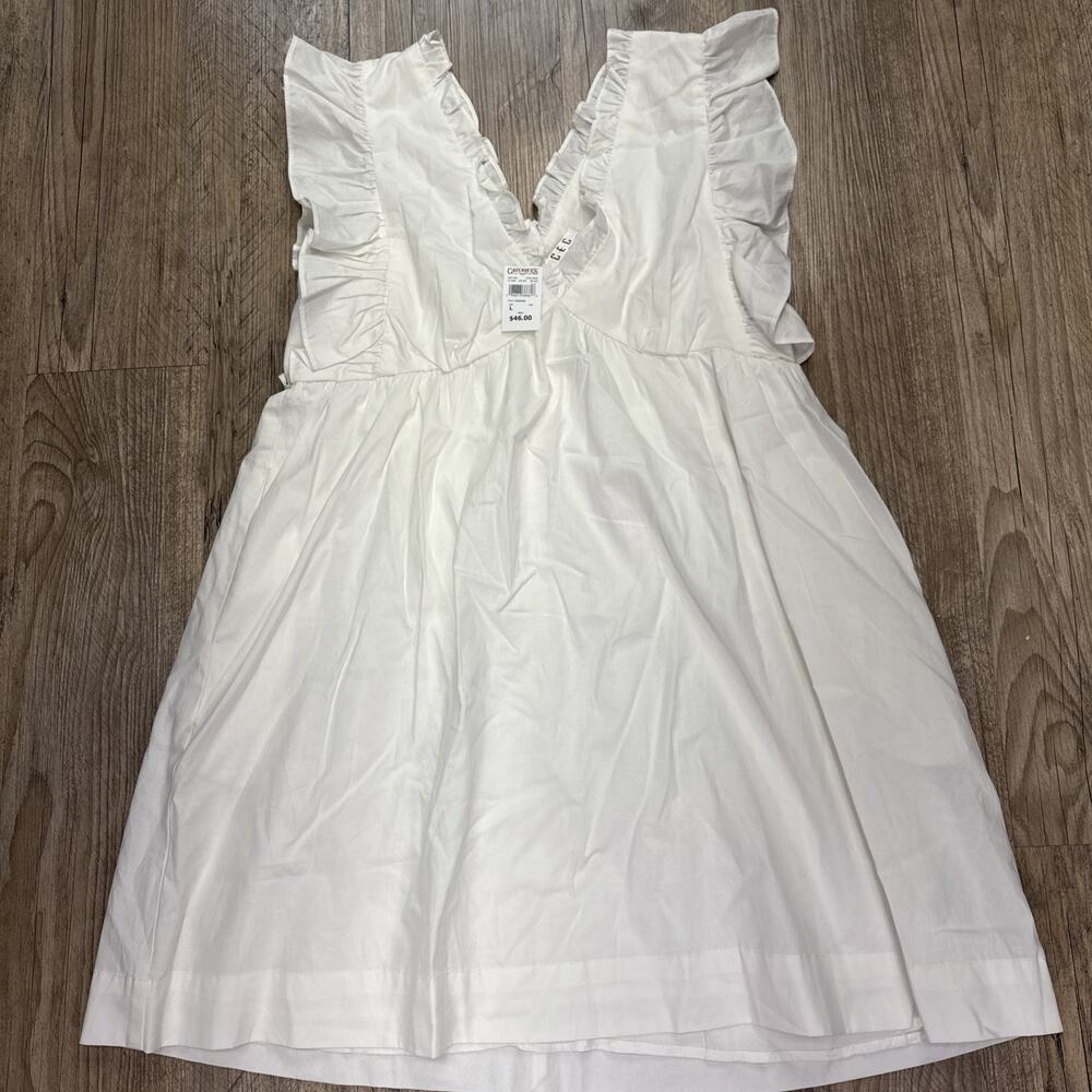White Babydoll Mini Dress Ruffle V-Neck Flutter Sleeve Summer Cotton Boho
